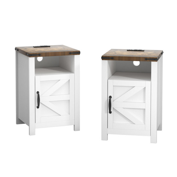 Millwood Pines Wood Nightstands with Charging Station End Table Bedside Tables with Barn Door